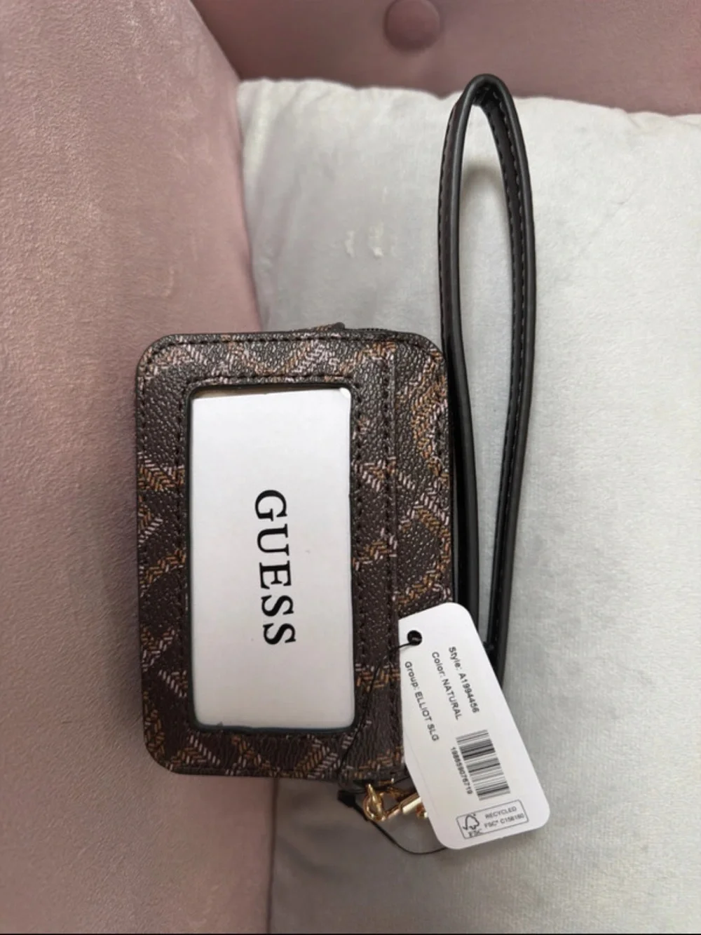 GUESS Brown Monogram Wristlet Card Holder with Black Strap